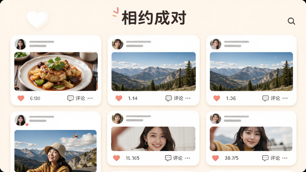 相约成对APP动态广场界面,画面中有多个用户发布的卡片式动态,包括美食照片、旅行风景和自拍,每张卡片下方有点赞和评论图标,顶部有相约成对文字,背景是柔和的米白色,风格温馨社交感,细节清晰,画质干净无多余元素