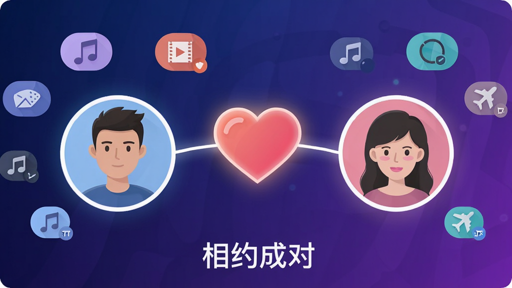 一款社交APP的智能匹配界面,画面主体是发光的爱心连接两个用户头像,左侧头像为男生右侧为女生,周围环绕着兴趣标签图标如音乐、电影、旅行,背景是深蓝到紫色的科技感渐变,界面底部有相约成对文字,风格现代简洁,扁平化设计,细节清晰,画质干净无多余元素