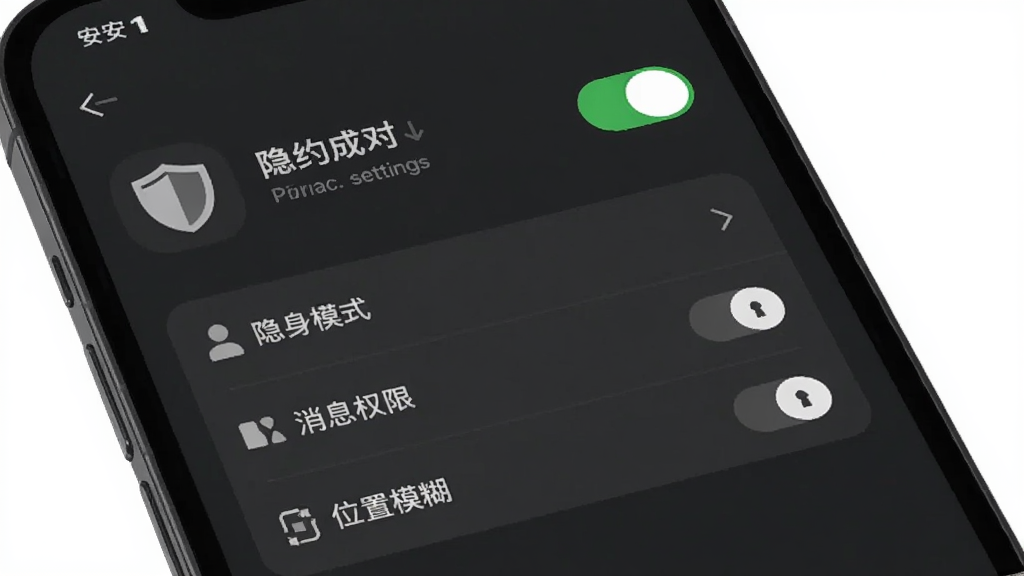 一部智能手机屏幕显示相约成对隐私设置页面,页面中有盾牌图标和开关按钮,选项包括隐身模式、消息权限、位置模糊,背景为深灰色护眼模式,风格安全稳重,细节突出锁形图标,画质清晰干净,无多余元素