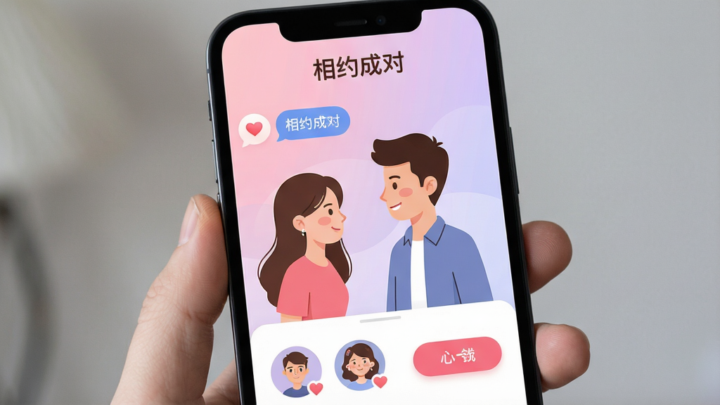 一张手机屏幕展示相约成对APP主界面,画面中央是两位卡通男女青年微笑着面对面站立,背景是柔和的渐变粉色与浅紫色,界面顶部显示相约成对文字标识,下方排列着用户头像卡片和心动按钮,整体风格清新浪漫,扁平化插画设计,细节包括聊天气泡、爱心图标和同城标签,画质清晰干净,无多余元素