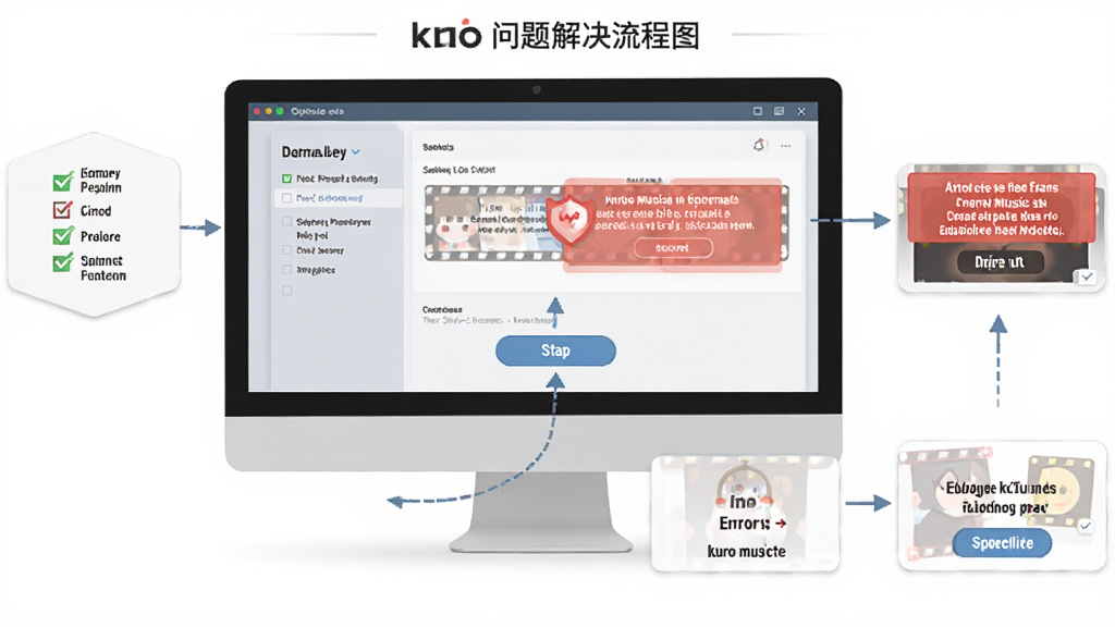 kuro音乐盒常见问题解决流程图,主体为电脑屏幕展示设置界面与错误提示,布局为分步骤操作示意,排版清晰,风格扁平化信息图,细节包含勾选框与按钮,画质高清,干净,无多余元素