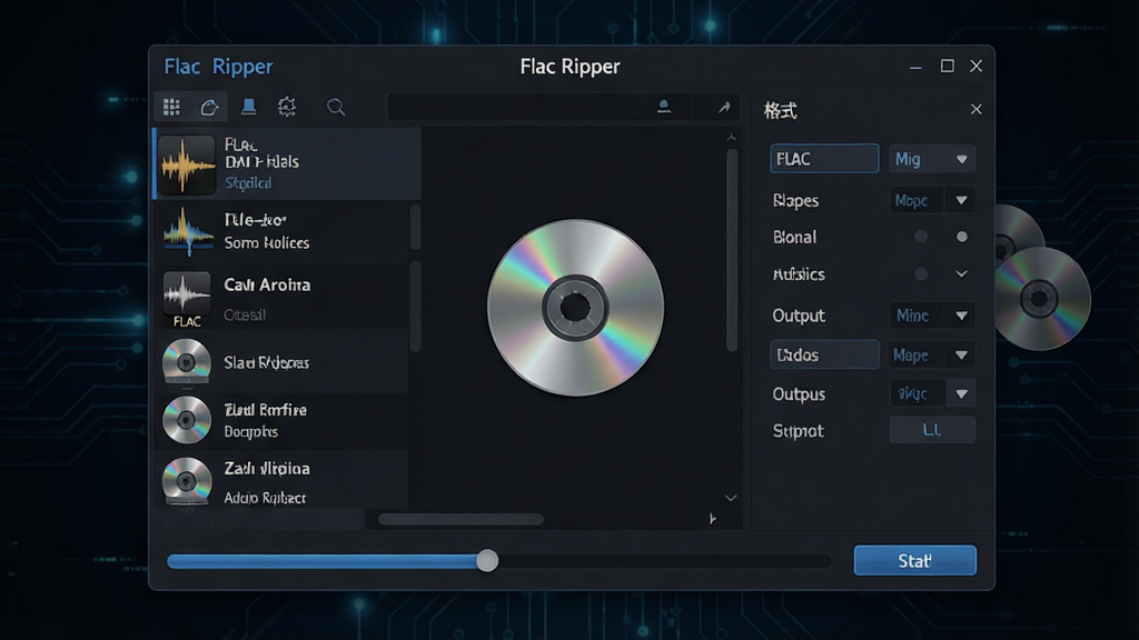一张以深色科技感为背景的软件界面概念图,画面中央是“Flac Ripper”的软件主窗口,窗口左侧显示音频文件列表,右侧为格式选择与输出参数面板,底部有进度条与开始按钮,整体布局紧凑专业,风格简洁现代,细节包含FLAC波形图标与CD光盘元素,画质清晰干净,无多余装饰元素