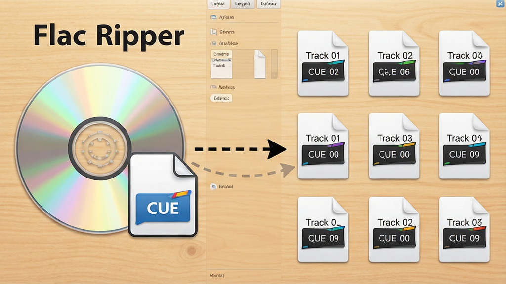 一张以“Flac Ripper”CUE分轨功能为场景的AI生图,画面左侧是一张CD光盘与CUE文件图标,中间用虚线箭头指向右侧多个独立音频文件图标,每个文件上标注“Track 01”“Track 02”等字样,背景为浅色木质桌面纹理,风格清新写实,细节包含标签编辑面板,画质清晰无多余元素
