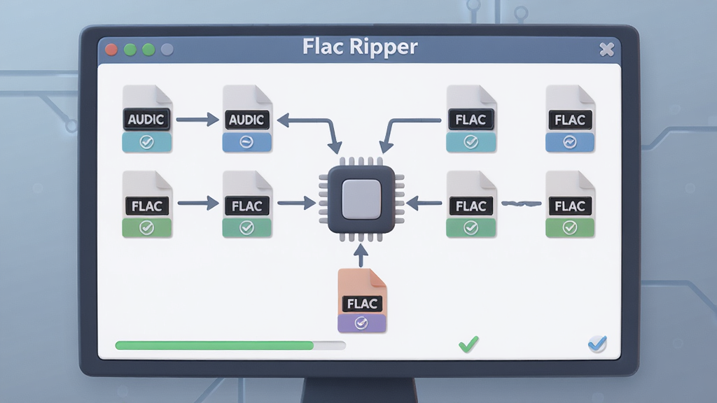 一张以“Flac Ripper”批量处理功能为主题的AI生图,画面展示电脑屏幕上排列着多个音频文件图标,文件之间用箭头连接至一个中央处理器图标,处理器下方输出FLAC格式文件,背景为柔和蓝灰渐变,风格扁平化科技感,细节包含进度条与勾选标记,画质干净无杂乱元素