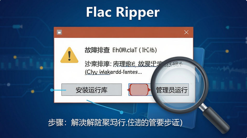 一张以“Flac Ripper”故障排查为主题的AI生图,画面展示电脑屏幕上弹出错误提示窗口,窗口旁有放大镜图标指向“安装运行库”与“管理员运行”两个按钮,背景为深蓝色渐变,风格简洁信息图,细节包含警告三角图标与解决步骤文本,画质清晰无多余元素