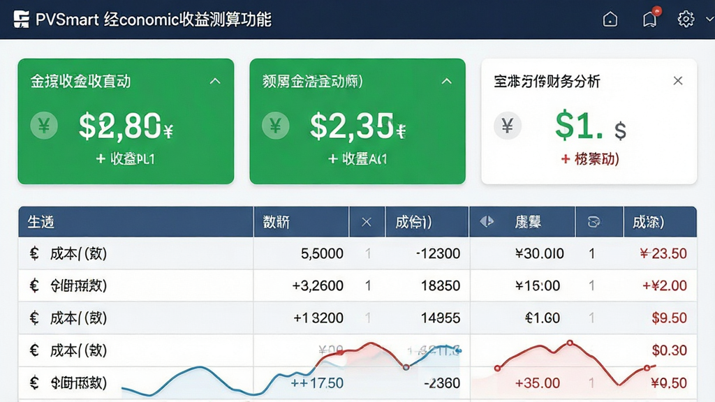 一张展示PVSmart经济收益测算功能的界面截图,主体为软件财务分析页面,布局为上方汇总卡片下方表格,排版紧凑,风格为金融数据类界面设计,细节包含绿色收益数字、红色成本数字、白色背景、货币符号图标,画质清晰,干净,无多余元素