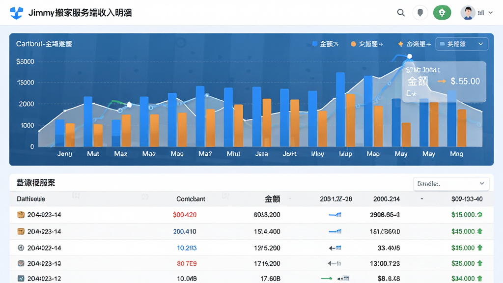 主体是吉米搬家服务端收入明细页面,布局为数据图表与列表结合,排版上图表居上列表居下,风格为清爽数据可视化风格,细节包含柱状图、金额数字、日期标签,画质高清干净无多余元素