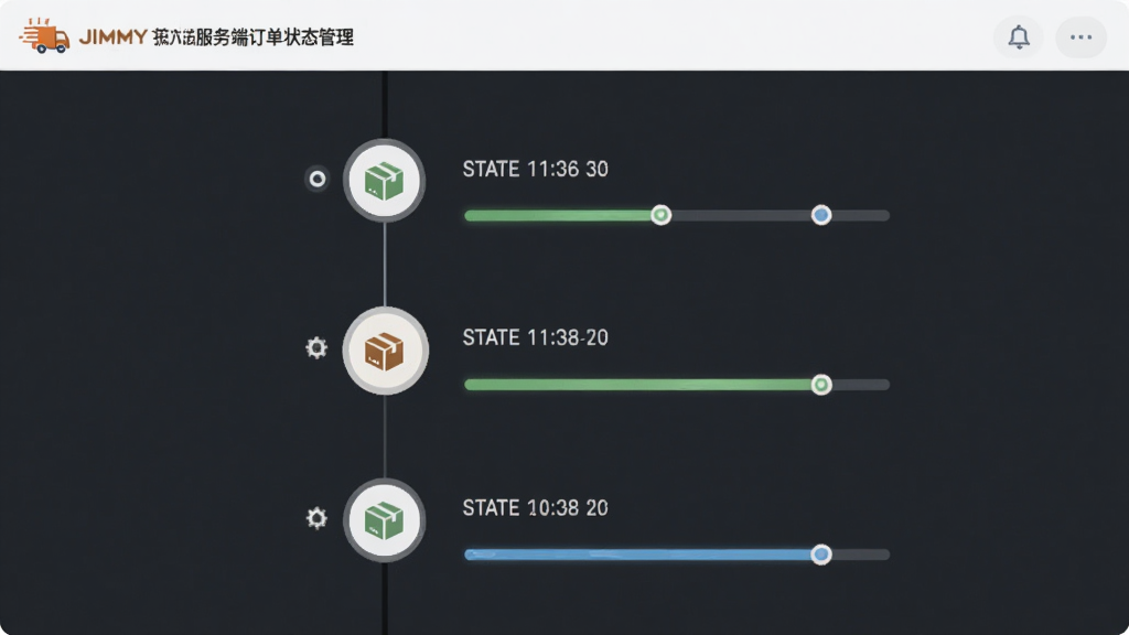 主体是吉米搬家服务端订单状态管理界面,布局为时间轴式状态展示,排版上状态节点纵向排列,风格为极简流程设计风格,细节包含状态图标、时间戳、进度条,画质高清干净无多余元素