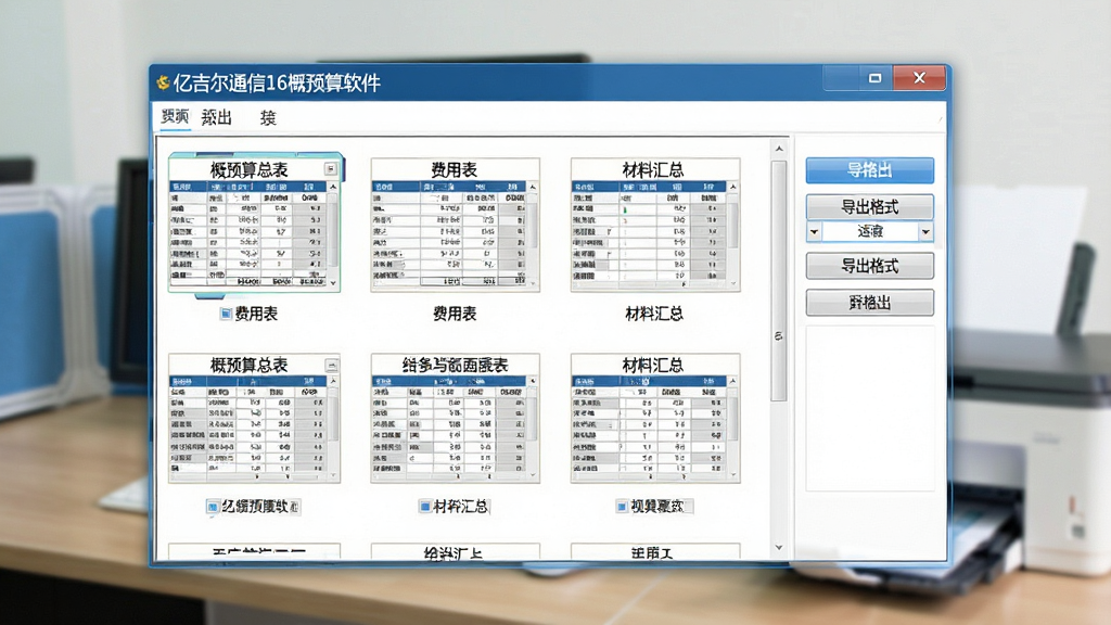一张展示报表导出界面的图片,画面中软件窗口内显示多种报表模板缩略图,包括概预算总表、费用表、材料汇总表等,右侧有导出格式选择按钮,背景是办公桌面与打印机的虚化场景,整体风格为软件界面截图风格,画质清晰,无多余元素,画面中软件窗口顶部写有“亿吉尔通信16概预算软件”字样