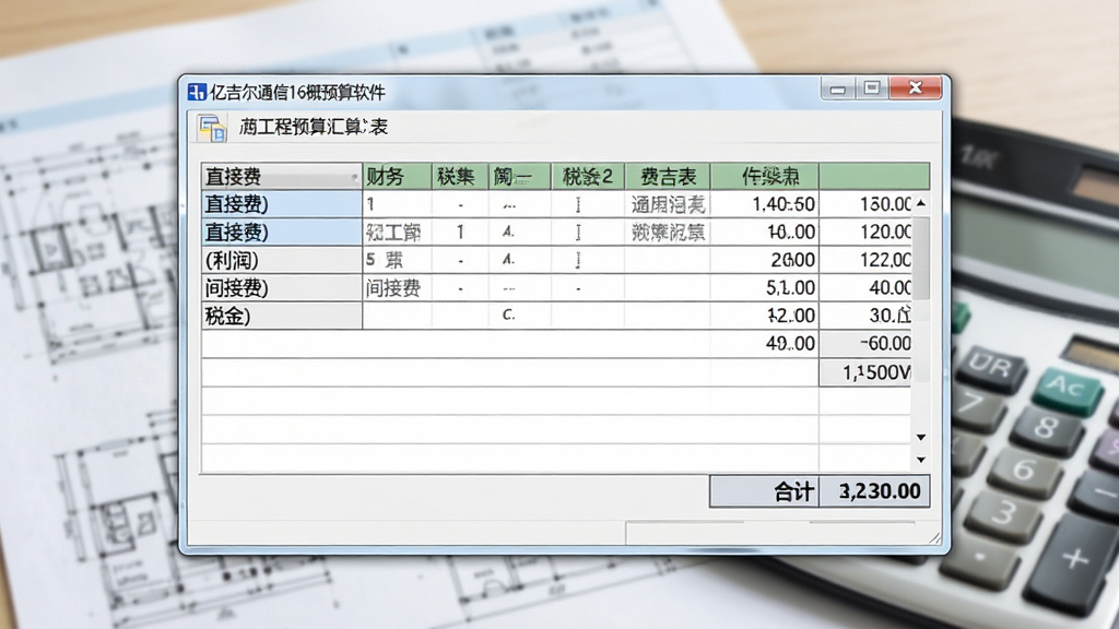 一张展示费用计算汇总界面的图片,画面中软件窗口内显示通信工程概预算费用汇总表,包含直接费、间接费、利润、税金等条目及金额数据,表格下方有合计金额,背景是工程财务报表与计算器的虚化场景,整体风格为软件界面截图风格,画质清晰,无多余元素,画面中软件窗口标题栏写有“亿吉尔通信16概预算软件”字样