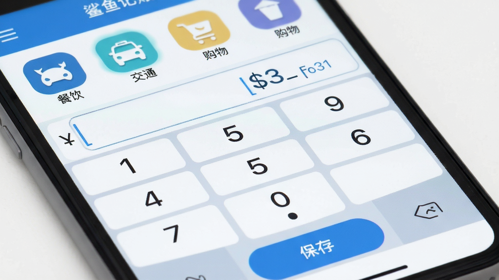 鲨鱼记账应用记账页面特写,屏幕中央为数字键盘和金额输入框,上方显示餐饮、交通、购物等分类图标,下方有保存按钮,界面干净清爽,蓝白配色,扁平化设计风格,细节清晰,画质干净,无多余元素