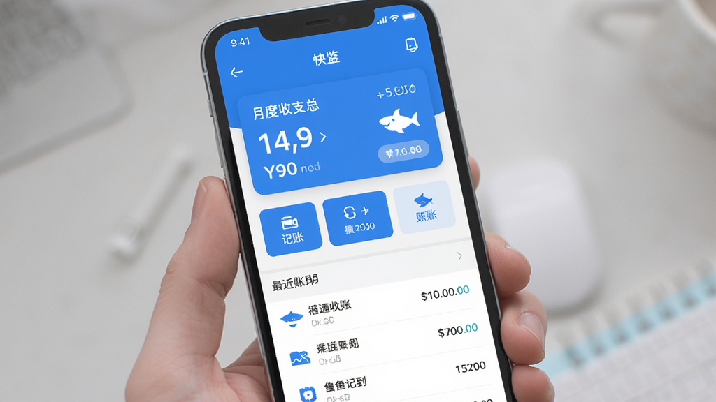 手机屏幕中央显示鲨鱼记账应用主界面,界面布局简洁,上方为月度收支总览卡片,中间为快捷记账按钮,下方为最近账目列表,整体配色以蓝白为主,风格清新扁平化,细节清晰,画质干净,无多余元素