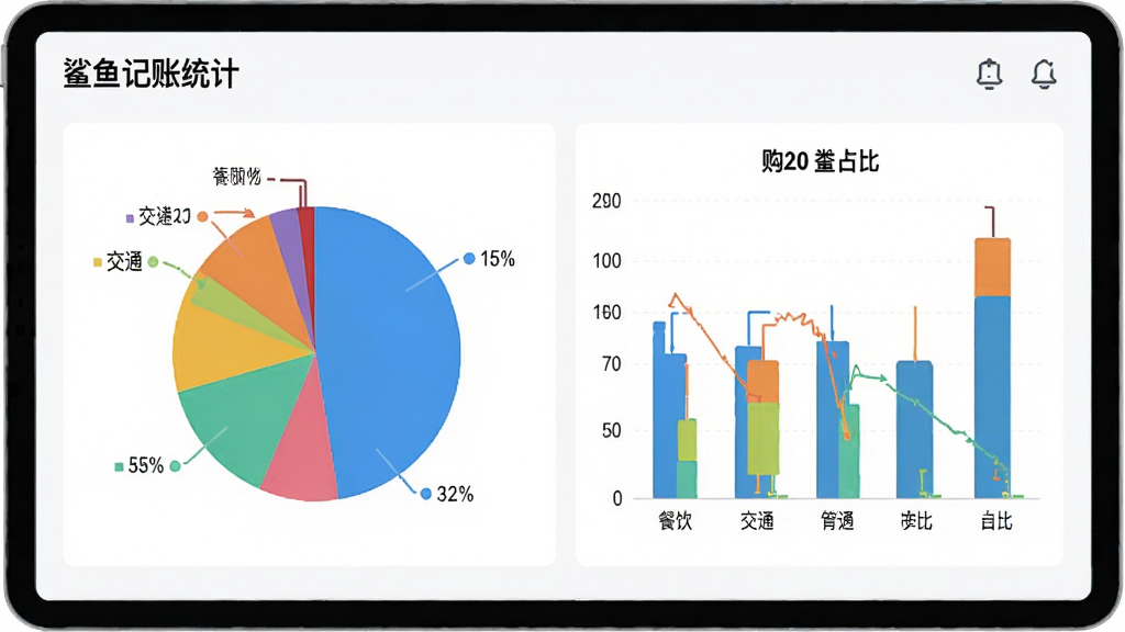 鲨鱼记账统计页面展示,屏幕中显示彩色饼图和柱状图,图表标注餐饮、交通、购物等分类占比,背景为白色,界面简洁现代,数据清晰可见,画质干净,无多余元素