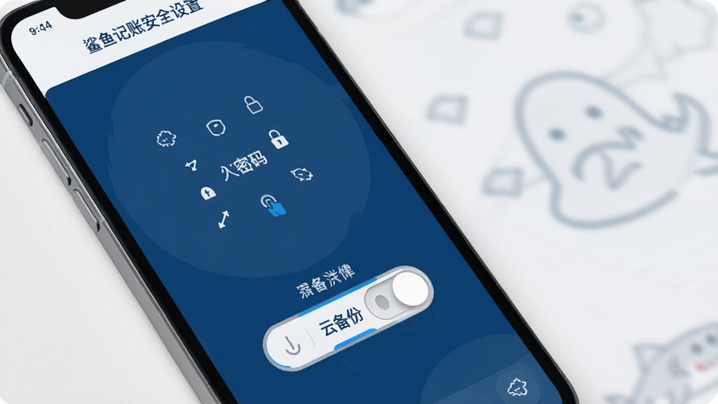 鲨鱼记账安全设置页面,屏幕显示手势密码图案锁和云备份开关按钮,界面以深蓝色和白色为主,风格沉稳简洁,细节清晰,画质干净,无多余元素