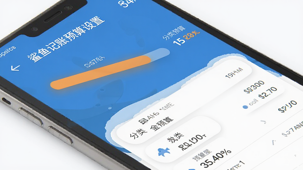 鲨鱼记账预算设置页面,屏幕显示月度预算进度条和分类预算列表,进度条部分变为橙色提醒超支,界面布局清晰,蓝白配色,扁平化风格,细节干净,无多余元素