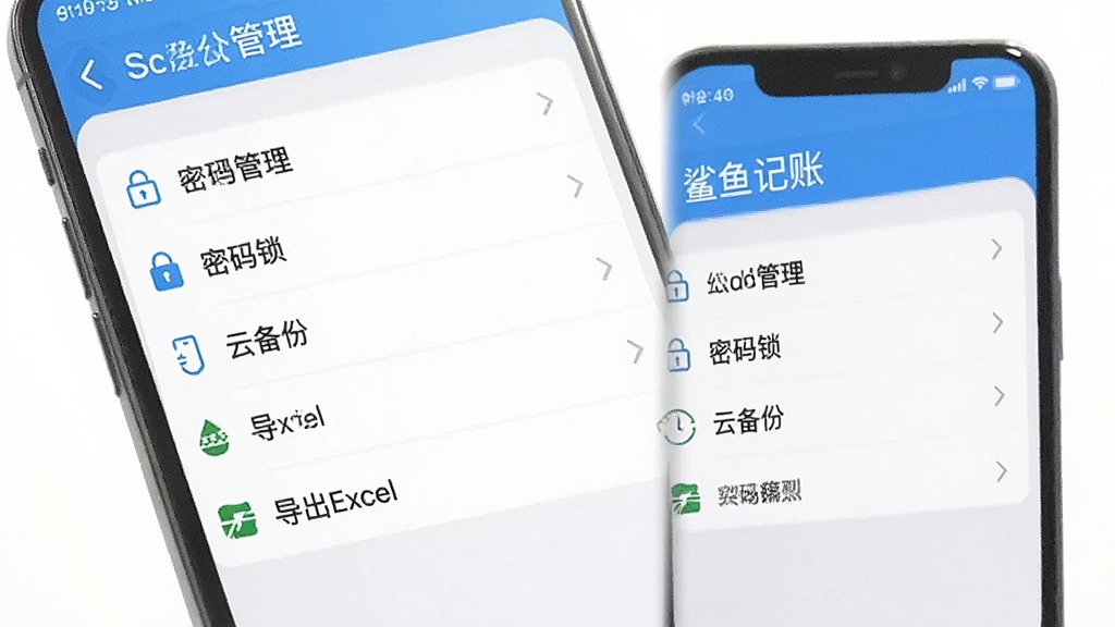 鲨鱼记账手机端设置页面截图,屏幕显示分类管理、密码锁、云备份、导出Excel等选项列表,界面整洁,蓝白配色,扁平化设计,细节清晰,画质干净,无多余元素