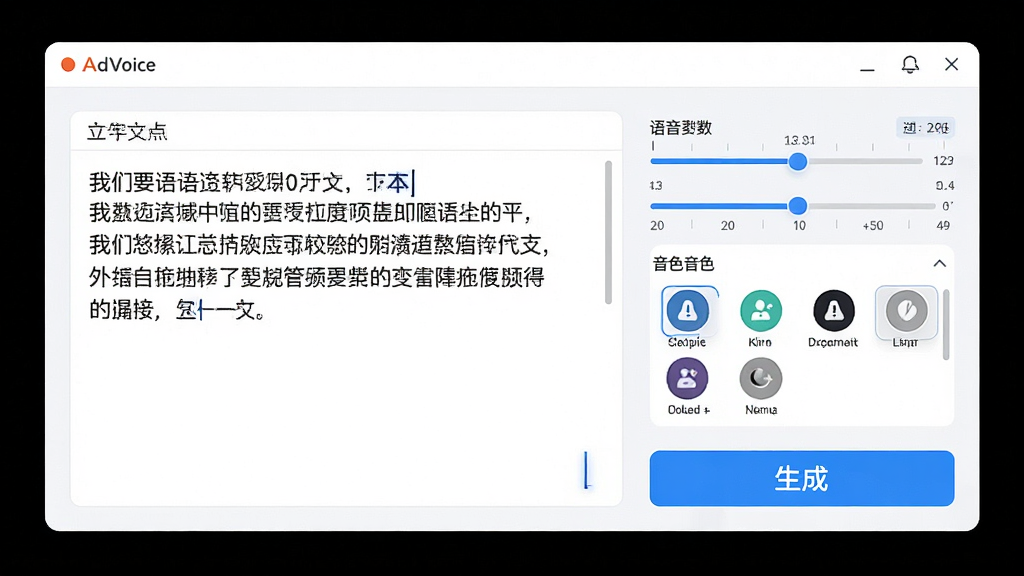 һ��չʾAdVoice�����������������������ת�������ܵ�ͼƬ������������ı����������д�й���İ����Ҳ��������������ڻ������ɫѡ���б����·���һ����Ŀ�����ɰ�ť��������Ϊ��ˬ��ǳɫ�Ƽ��磬ϸ�ڰ��������ꡢ����̶ȡ���ɫͼ�꣬���ʸ��壬����ɾ����޶���Ԫ�ء�