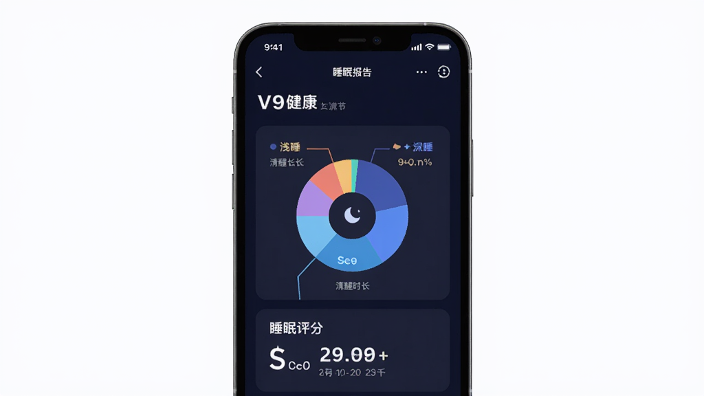 主体为手机屏幕展示“V9健康”睡眠报告页面,页面上有深睡、浅睡、清醒时长的饼状图和睡眠评分,布局为手机正面居中,排版清晰,风格为扁平化UI设计风,细节上背景为深蓝色夜间模式,画质高清,干净,无多余元素