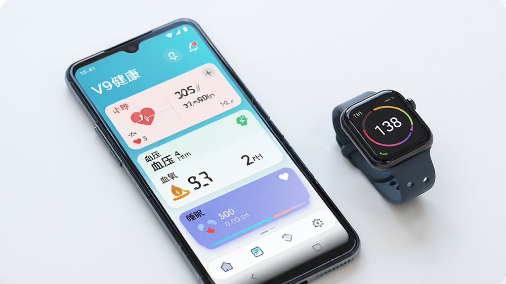 主体为一部安卓手机,屏幕上显示“V9健康”应用主界面,界面中包含心率、血压、血氧、睡眠等数据卡片,布局清晰,排版采用上下结构,风格为现代简约科技风,细节上手机旁边放着一只智能手表,背景为干净的浅色渐变,画质高清,干净,无多余元素