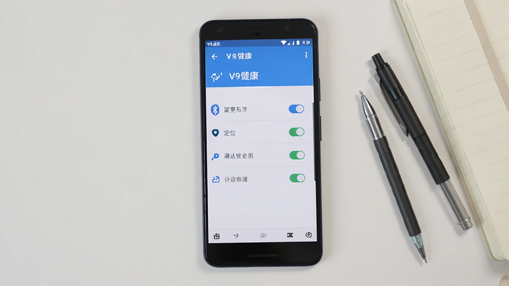 主体为一部安卓手机放在桌面上,屏幕显示“V9健康”权限设置页面,页面上有蓝牙、定位、通知等权限开关,布局为手机正面特写,排版简洁,风格为教程截图风,细节上旁边有一支笔和笔记本,背景干净,画质高清,干净,无多余元素