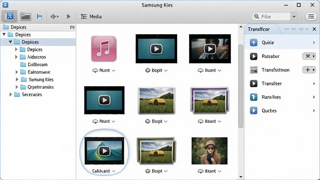 һ��չʾSamsung Kies�ļ���������ͼƬ������Ϊ������Ļ�ϵ�ý���ļ��������棬����Ϊ����豸�ļ��������м��ļ�����ͼ�����Ҳഫ�������壬�Ű���������Ϊ�ִ���Լ�磬ϸ�ڰ�������ͼ�ꡢ��Ƶ����ͼ��ͼƬԤ���������ͷ�������������ɾ����޶���Ԫ��