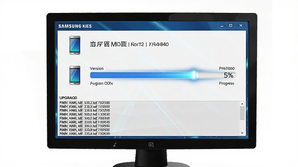һ��չʾSamsung Kies�̼����������ͼƬ������Ϊ������Ļ�ϵĹ̼��������Ƚ��棬����Ϊ�����豸�ͺ���Ϣ���м��������ٷֱ����֡��ײ�������־���������Ű��η��������Ϊ�������磬ϸ�ڰ��������ֻ�ͼ�ꡢ�̼��汾�š���������Ч�������������ɾ����޶���Ԫ��