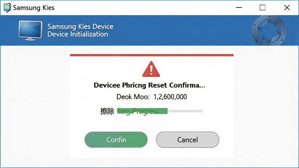 һ��չʾSamsung Kies�豸��ʼ�������ͼƬ������Ϊ������Ļ�ϵ��豸����ȷ�Ͻ��棬����Ϊ���뾯����ʾ�򡢵ײ�ȷ����ȡ����ť�������豸��Ϣ�����Ű��࣬���Ϊ��ȫ��ʾ�磬ϸ�ڰ�����������ͼ�ꡢ�豸�ͺš�����������ʾ�������������ɾ����޶���Ԫ��