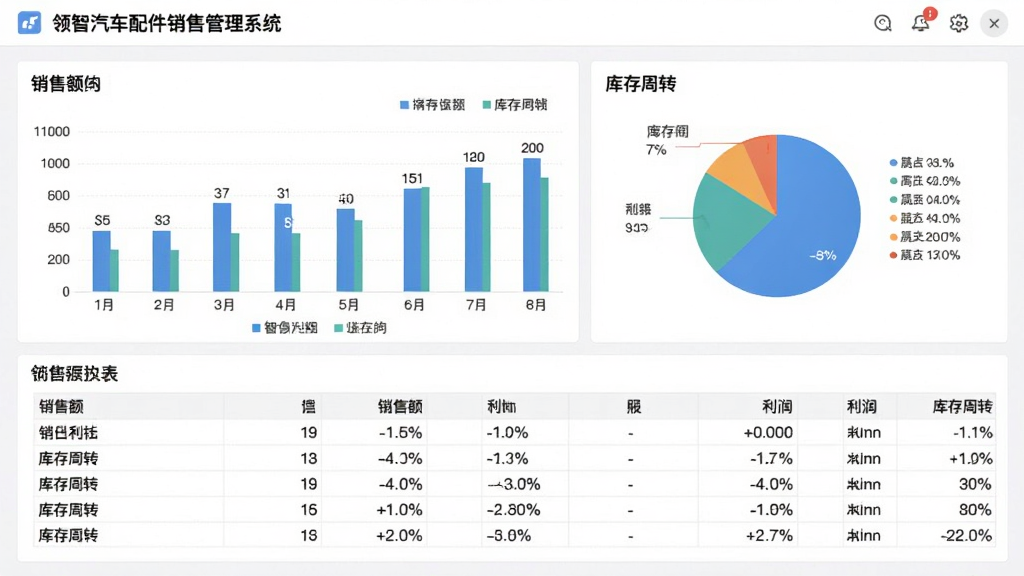领智汽车配件销售管理系统经营数据报表界面图,画面中软件界面展示柱状图、饼图和数据表格,显示销售额、利润、库存周转等指标,布局为仪表盘形式,风格为现代简约商务,细节包括数据标签和图例,画质高清,干净无多余元素