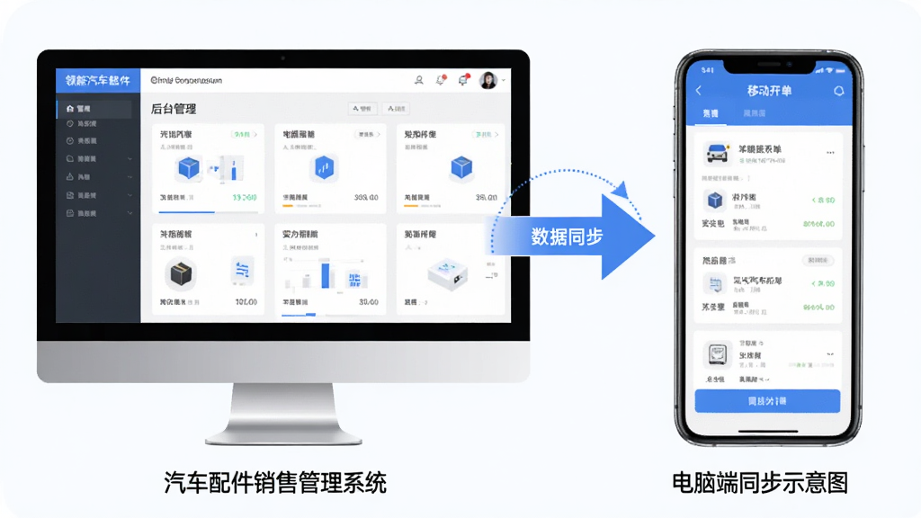 领智汽车配件销售管理系统移动端与电脑端同步操作示意图,画面左侧为电脑屏幕显示后台管理,右侧为手机屏幕显示移动开单界面,中间有数据同步箭头连接,布局为对比展示,风格为扁平化科技风,细节包括界面元素和图标,画质高清,干净无多余元素