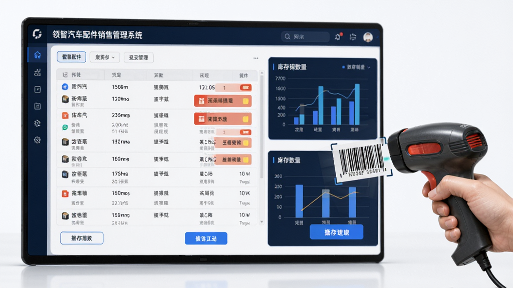 领智汽车配件销售管理系统智能进销存管理功能展示图,画面主体为软件库存管理界面,显示配件列表、库存数量、预警标识,旁边有扫码枪正在扫描配件条形码,布局为左右分栏,风格为商务科技感,细节包括数据图表和操作按钮,画质高清,干净无多余元素