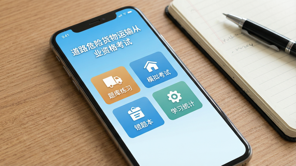 一张展示手机屏幕的图片,屏幕中央显示“道路危险货物运输从业资格考试”APP的首页界面,界面包含题库练习、模拟考试、错题本、学习统计四个主要功能模块按钮,背景为干净的浅蓝色渐变,手机放置在木质桌面上,旁边有一本翻开的笔记本和一支笔,整体风格简洁明亮,画质清晰,无多余元素