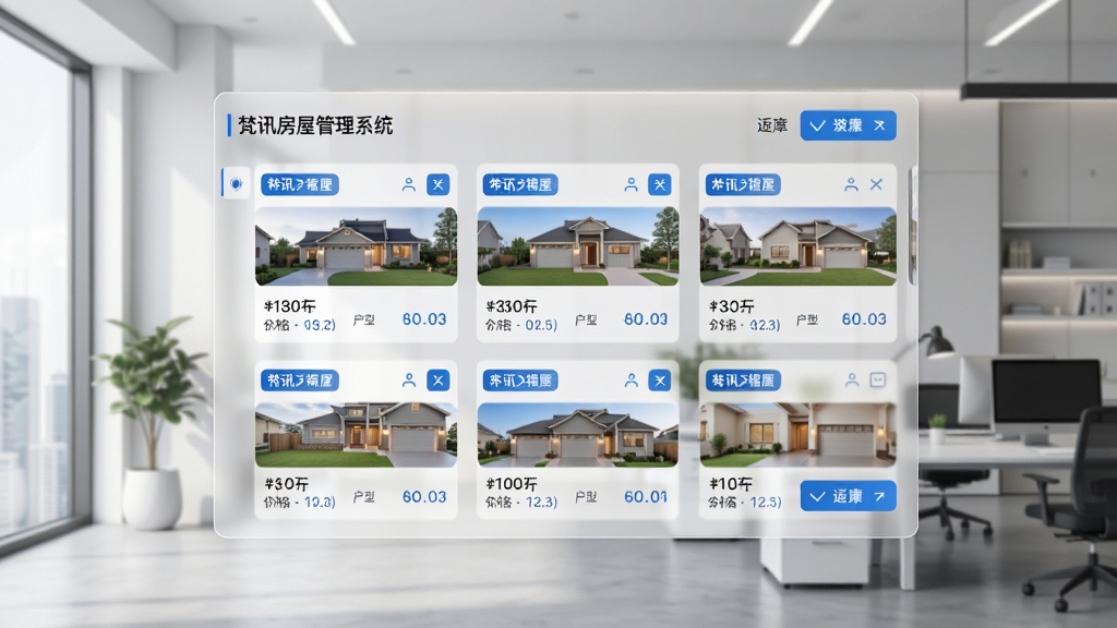 梵讯房屋管理系统房源管理功能界面,画面主体是一块悬浮的半透明数据面板,面板上排列着整齐的房源卡片,每张卡片标注小区名称、价格与户型信息,背景是简约的现代办公室场景,风格偏向科技商务,细节上体现蓝色高亮标签与筛选按钮,画质清晰,干净,无多余元素