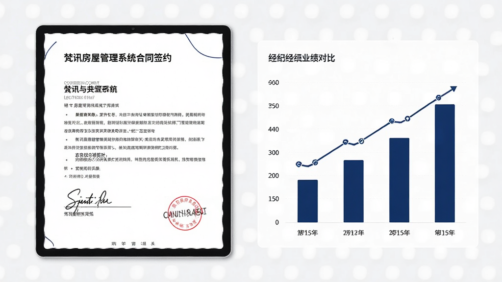 梵讯房屋管理系统合同签约与业绩统计界面,画面展示一份电子合同文档与旁边的业绩柱状图,合同上有签名区域与盖章位置,柱状图显示不同经纪人的业绩对比,整体采用浅色背景与深蓝数据线条,风格专业沉稳,细节上体现数字化办公氛围,画质高清,干净,无多余元素