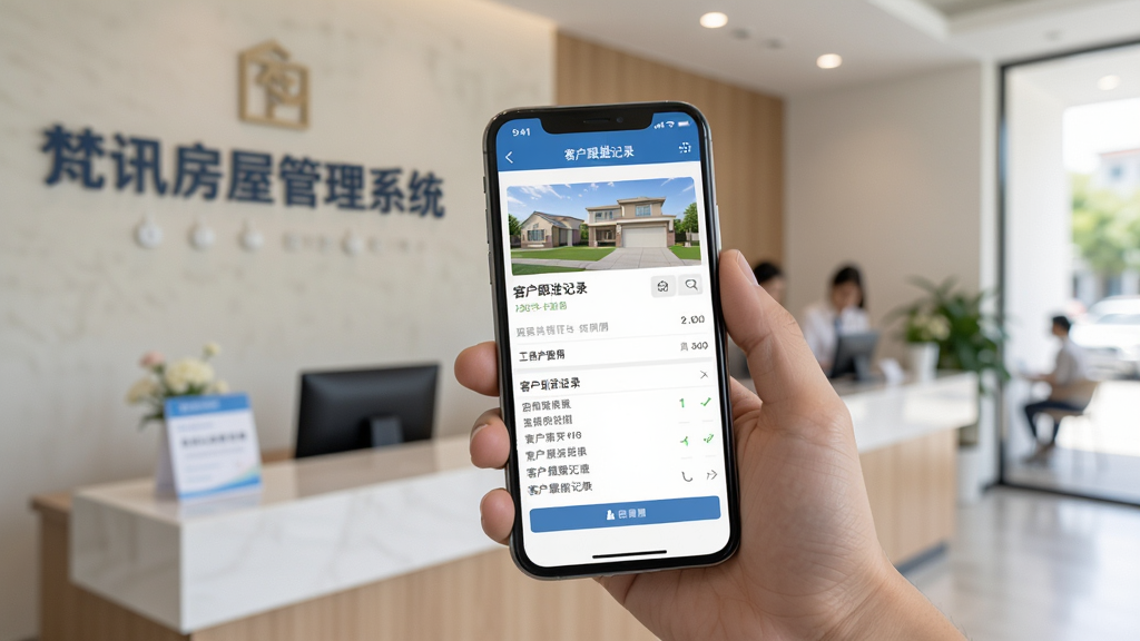 梵讯房屋管理系统手机端操作场景,画面展示一只手拿着手机,手机屏幕上显示房源详情页面与客户跟进记录,背景是房产中介门店的接待区,风格真实自然,细节上体现手机界面清晰可读,画质高清,干净,无多余元素