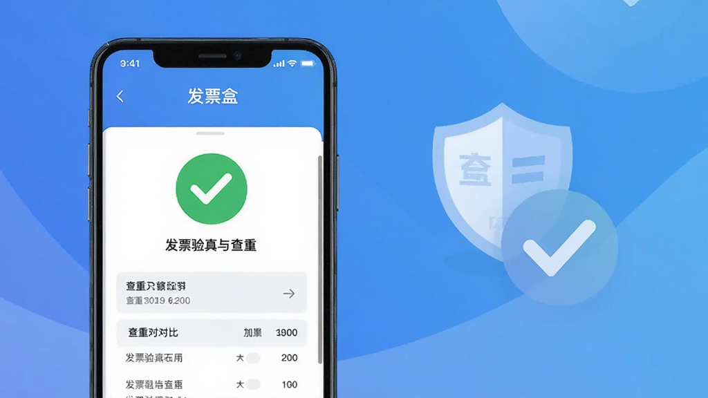 发票盒子发票验真与查重功能界面,手机屏幕显示发票盒子应用内的验真结果页面,页面中有绿色的通过标识和查重对比列表,背景为简洁的蓝色渐变,画面中有盾牌和勾选图标作为安全象征,风格为扁平化设计,细节清晰,画质干净,无多余元素