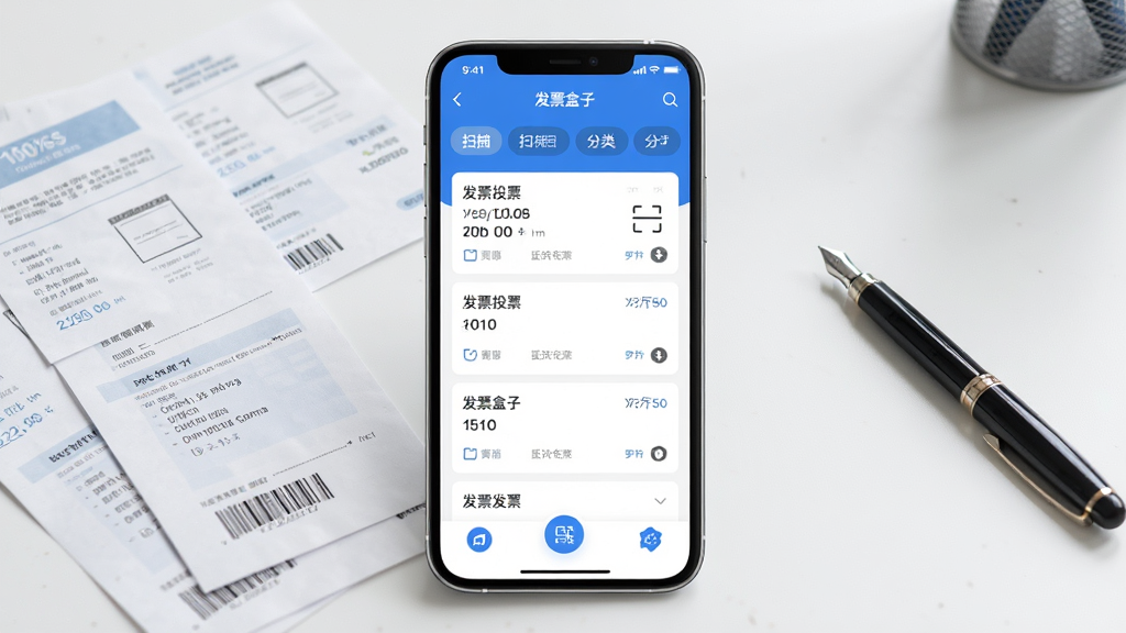 发票盒子软件主界面全貌展示,画面中央是手机屏幕,屏幕内显示发票盒子应用界面,界面中包含发票列表、扫描入口、分类标签等核心功能区域,背景为简洁的办公桌面,桌面上散落着几张纸质发票和一支笔,整体风格为现代简约商务风,色调以蓝白为主,细节清晰,画质干净,无多余元素,高清渲染
