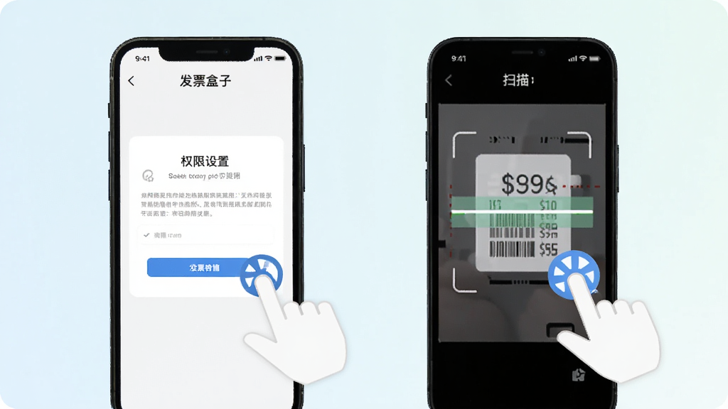 发票盒子移动端使用操作示意图,画面展示一部智能手机,屏幕上显示发票盒子的操作步骤界面,包括权限设置页面和扫描界面,旁边有手指点击的图标示意操作,背景为简洁的浅色渐变,风格为扁平化UI展示,细节清晰,画质干净,无多余元素