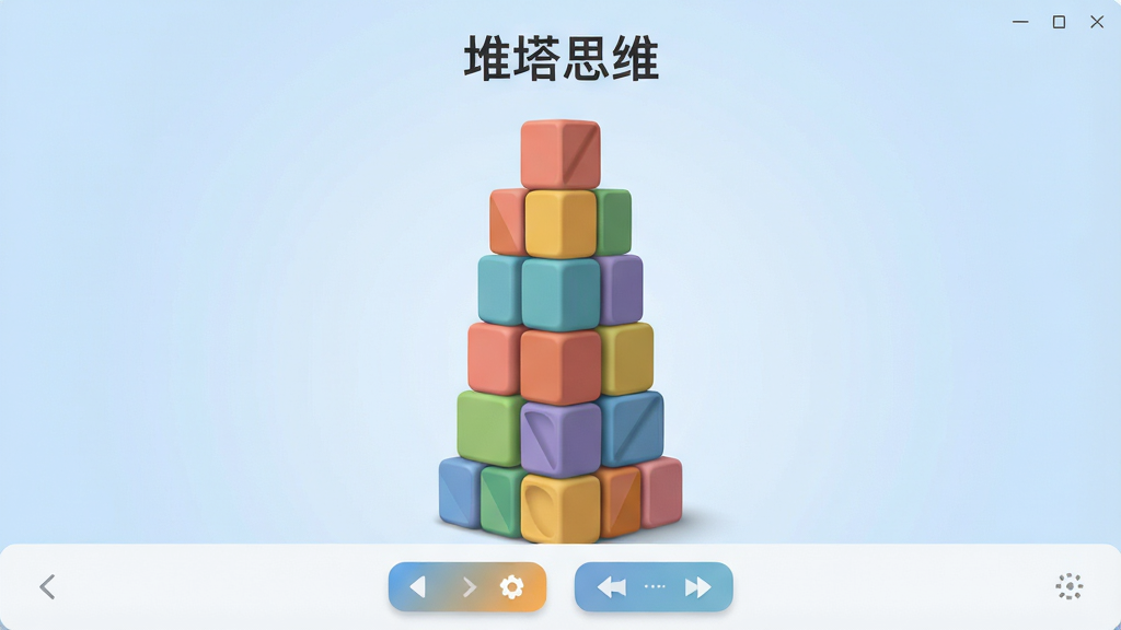 软件名称“堆塔思维”主界面全景展示,画面中央是一座由彩色几何方块堆叠而成的高塔,塔身稳固且层次分明,背景为柔和的浅蓝色渐变,底部有简洁的操控按钮区域,整体布局清晰,排版居中,风格为现代扁平化设计,细节上体现方块的圆角与微投影质感,画质高清,画面干净,无多余元素