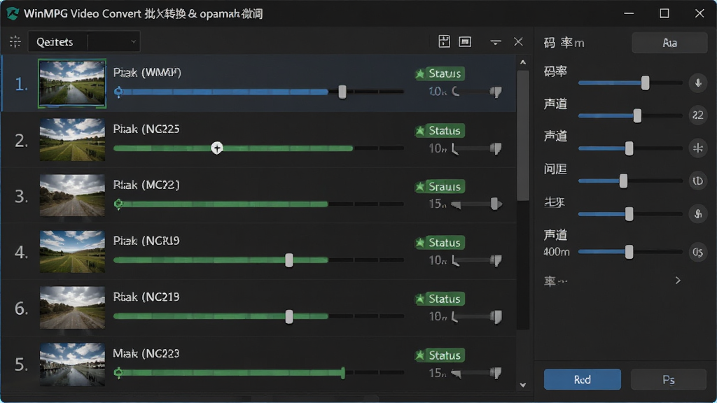 WinMPG Video Convert 批量转换与参数微调界面,画面中央显示一个任务队列列表,每个任务前有缩略图和进度条,右侧面板展示码率、分辨率、声道等参数调节滑块,布局为左右分栏,风格为深色专业界面,细节包括队列序号、状态标签和调节按钮,画质高清,干净,无多余元素