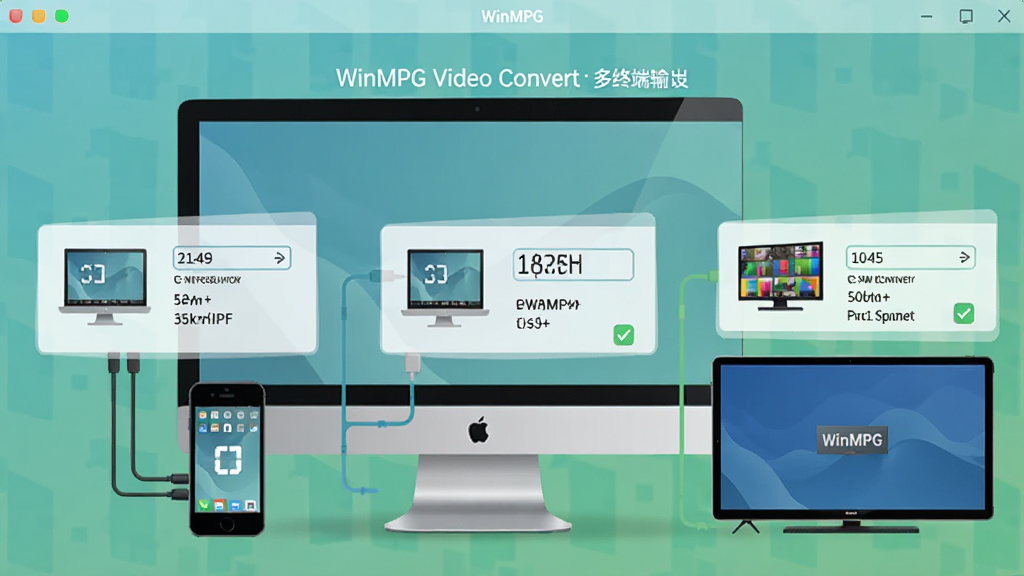WinMPG Video Convert 多终端输出预设功能界面,画面展示一台电脑连接手机、平板、电视三种设备,每种设备旁边显示对应的输出参数卡片,布局为横向三栏排列,风格为清新扁平化设计,细节包括设备图标、分辨率数字和勾选标记,画质高清,干净,无多余元素