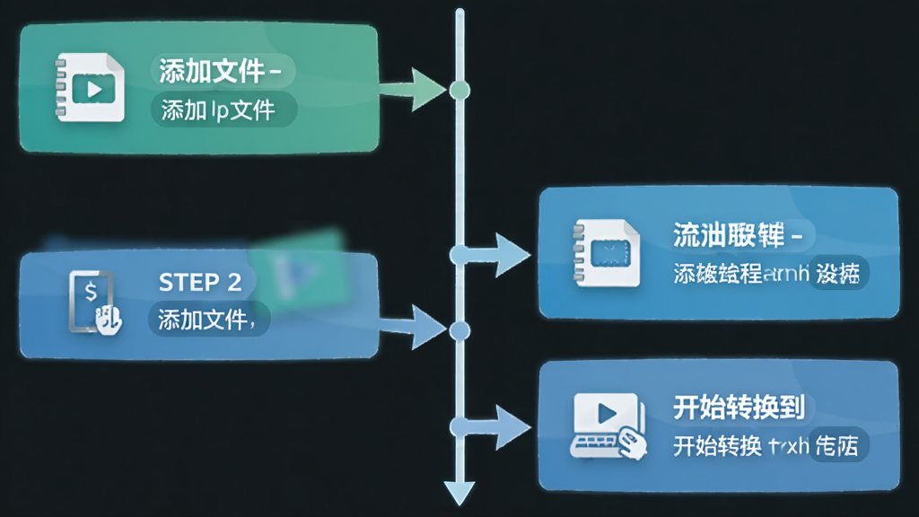 WinMPG Video Convert 新手操作流程图,画面以步骤卡片形式展示从添加文件到开始转换的完整流程,布局为纵向时间轴,风格为清新扁平化,细节包括每一步的图标、文字说明和箭头连接,画质高清,干净,无多余元素