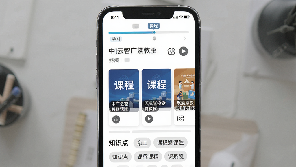 一张展示中广云智投投资者教育模块的AI生图,主体为手机屏幕上的课程列表与图文卡片,布局为顶部学习进度条、中部课程封面、底部知识点标签,排版清爽,风格为教育类应用风,细节包含课程标题、播放按钮、分类图标,画质清晰,干净,无多余元素