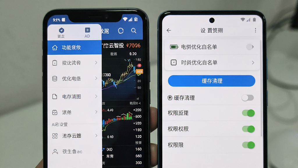 一张展示中广云智投在安卓手机上稳定运行的AI生图,主体为手机屏幕显示行情界面与设置菜单,布局为左侧功能列表、右侧数据面板,排版清晰,风格为实用工具风,细节包含电池优化白名单选项、缓存清理按钮、权限开关,画质清晰,干净,无多余元素