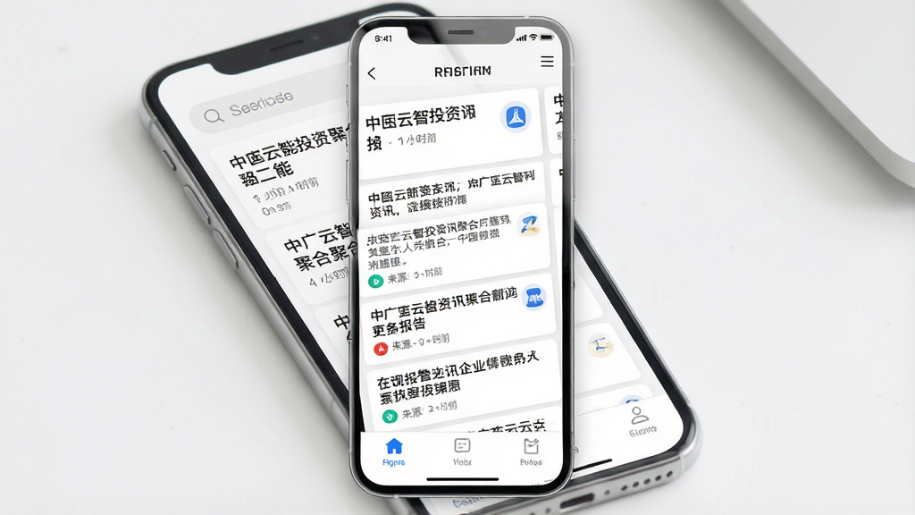 一张展示中广云智投资讯聚合功能的AI生图,主体为手机屏幕上的新闻列表与研报卡片,布局为顶部搜索栏、中部资讯流、底部导航,排版清晰,风格为简约阅读风,细节包含标题文字、时间标签、来源图标,画质清晰,干净,无多余元素