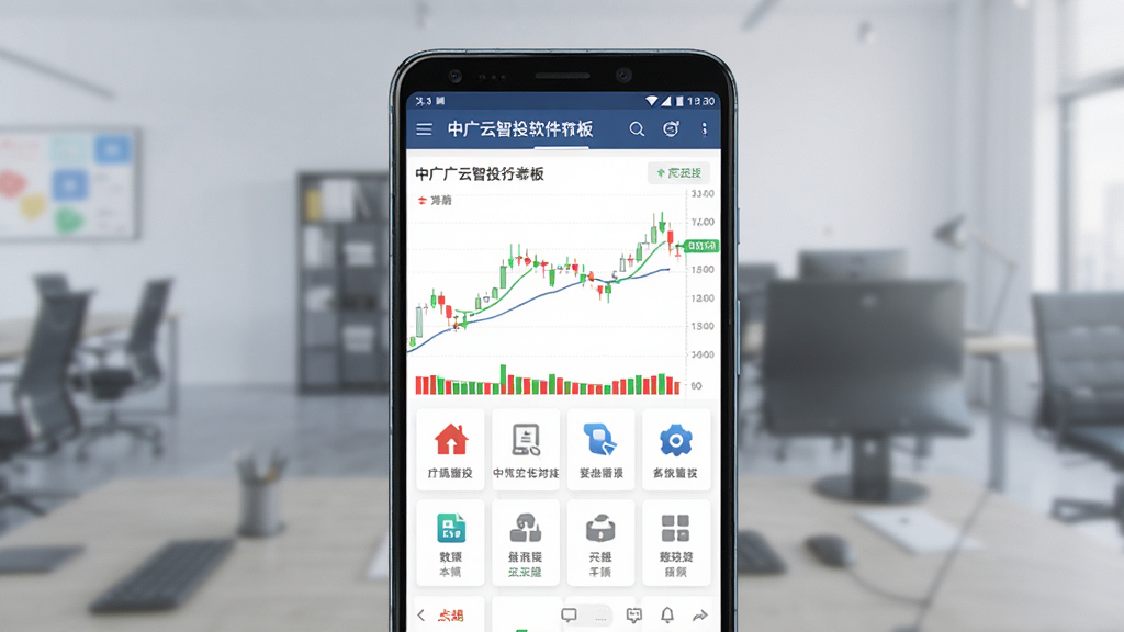 一张展示中广云智投软件界面的预览图,主体为一部安卓手机,手机屏幕显示中广云智投的行情看板与功能图标,布局居中,排版简洁,风格为现代科技感,细节包含红绿K线、数据卡片、导航栏,画质清晰,干净,无多余元素