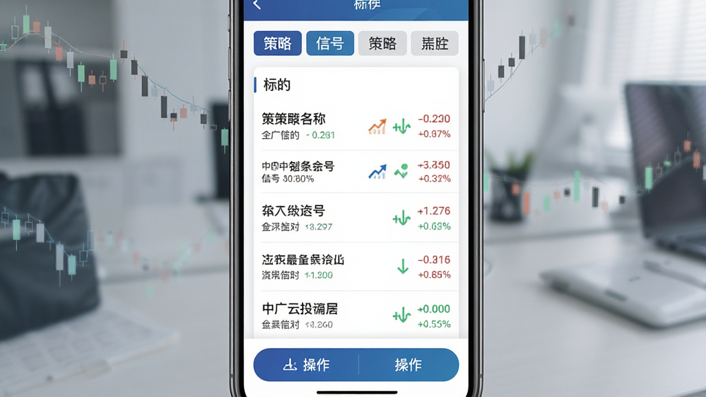 一张展示中广云智投策略选股功能的AI生图,主体为手机屏幕上的策略卡片与股票列表,布局为顶部策略分类标签、中部标的列表、底部操作按钮,排版规整,风格为专业金融风,细节包含策略名称、信号标识、涨跌幅数据,画质清晰,干净,无多余元素
