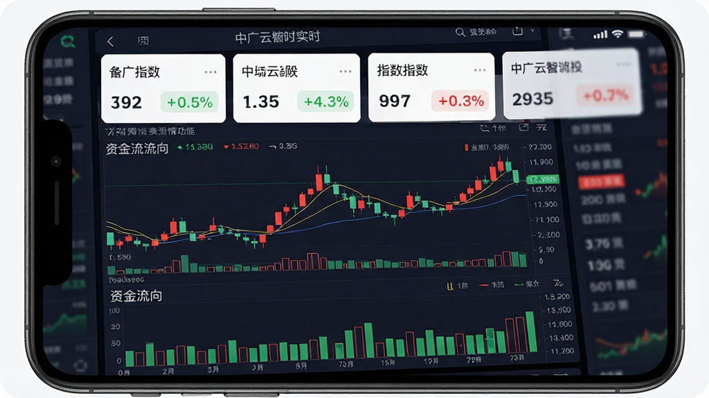 一张展示中广云智投实时行情功能的AI生图,主体为手机屏幕上的多窗口行情界面,布局为上方指数卡片、中部K线图、下方资金流向柱状图,排版整齐,风格为金融科技风,细节包含红绿涨跌色块、数据标签,画质清晰,干净,无多余元素