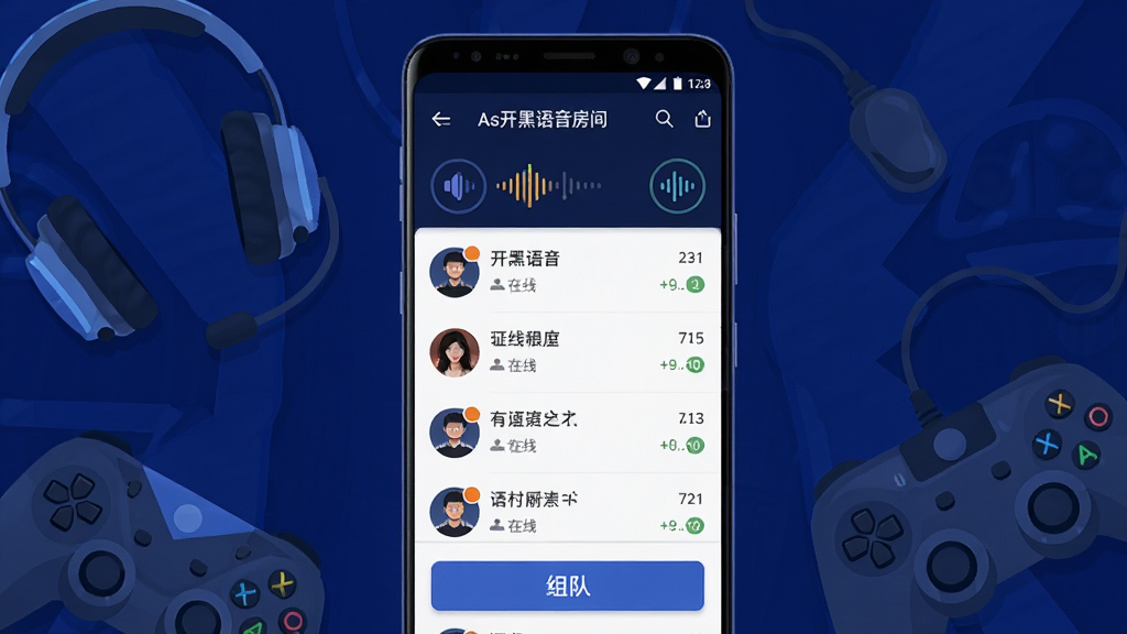 一张展示As开黑软件主界面的手机截图风格图片,画面中央是一部竖屏安卓手机,屏幕内显示As开黑语音房间列表和组队按钮,背景为深蓝色电竞风格,手机周围环绕着耳机和游戏手柄元素,整体布局简洁清晰,风格为科技感扁平化插画,细节包括语音波纹图标和在线人数标识,画质高清,干净,无多余元素