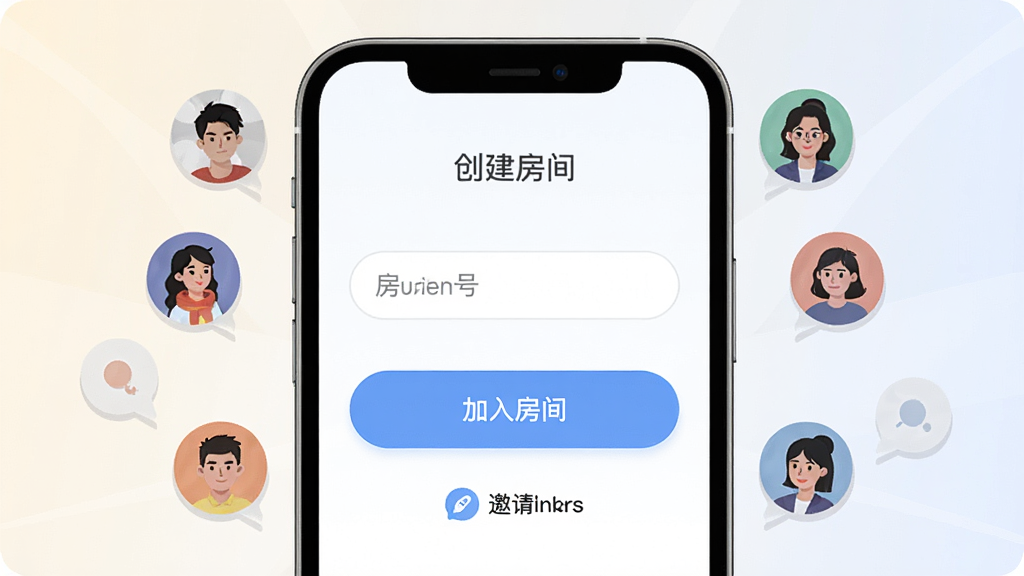 一张展示As开黑快速组队功能的界面示意图,画面中央为手机屏幕显示创建房间和加入房间两个大按钮,周围有好友头像气泡环绕,背景为浅色渐变,布局为居中放射状,风格为清新扁平化UI插画,细节包括房间号输入框和邀请链接图标,画质高清,干净,无多余元素