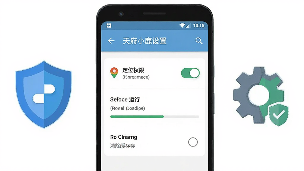 画面主体是一部安卓手机显示天府小鹿设置页面,页面中有定位权限、后台运行、清除缓存等选项,手机旁边有盾牌和齿轮图标;布局采用左右对称构图,手机居中,图标分列两侧;排版上设置页面为视觉重点;风格为简洁扁平化图标插画;细节包括权限开关按钮、缓存清理进度条、盾牌上的对勾;画质高清,干净整洁,无多余元素